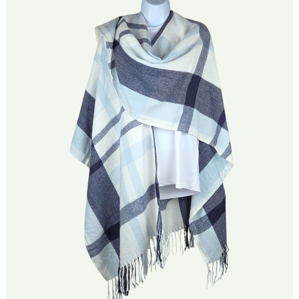 Banana Republic Plaid Poncho Wrap Shawl Blue White Cashmere Blend NWT $119